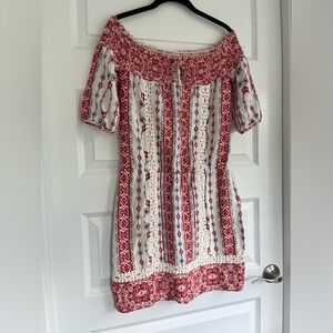 Saylor blossom hobo mini dress red white boho off the shoulder